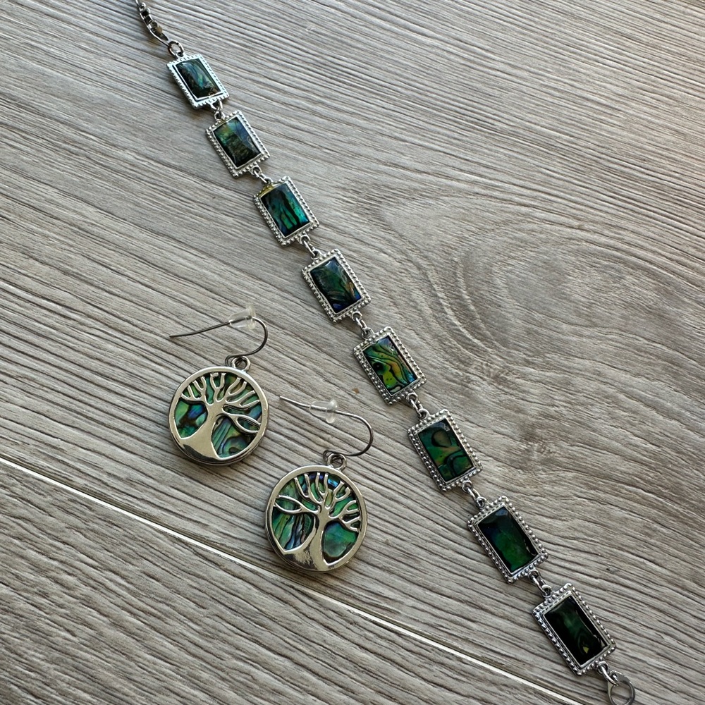 Silver Tone Abalone Tree of Life Earrings + Matching Bracelet Set 🌿💚